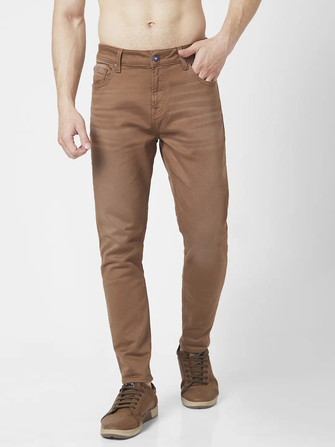 Spykar Men Coffee Brown Cotton Stretch Slim Fit Tapered Length Clean Look Mid Rise Jeans (Kano)