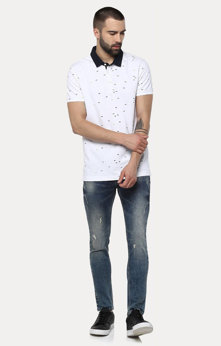 Spykar White Printed Slim Fit Polo T-Shirt