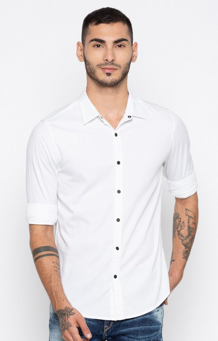 Spykar Men'S White Cotton Solid Casual Shirts