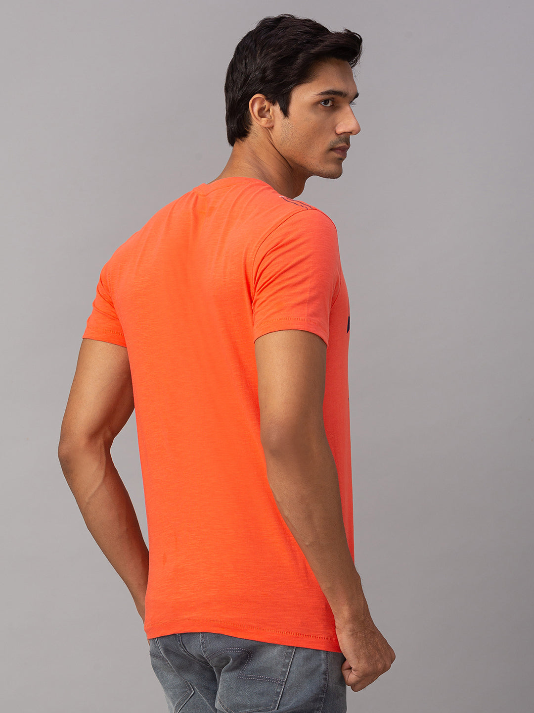 Spykar Men Orange Cotton Slim Fit Round Neck T-Shirt