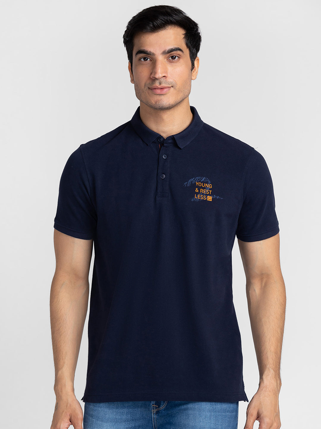 Spykar Men Navy Blue Cotton Slim Fit Polo Plain T-Shirt