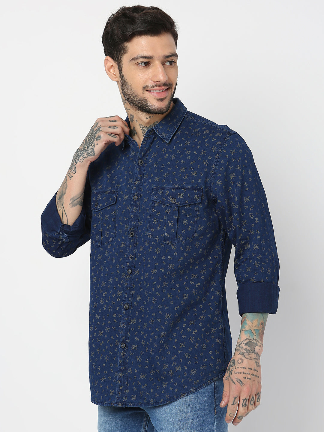 Spykar Men Indigo Blue/Khaki Cotton Slim Fit Printed Shirts