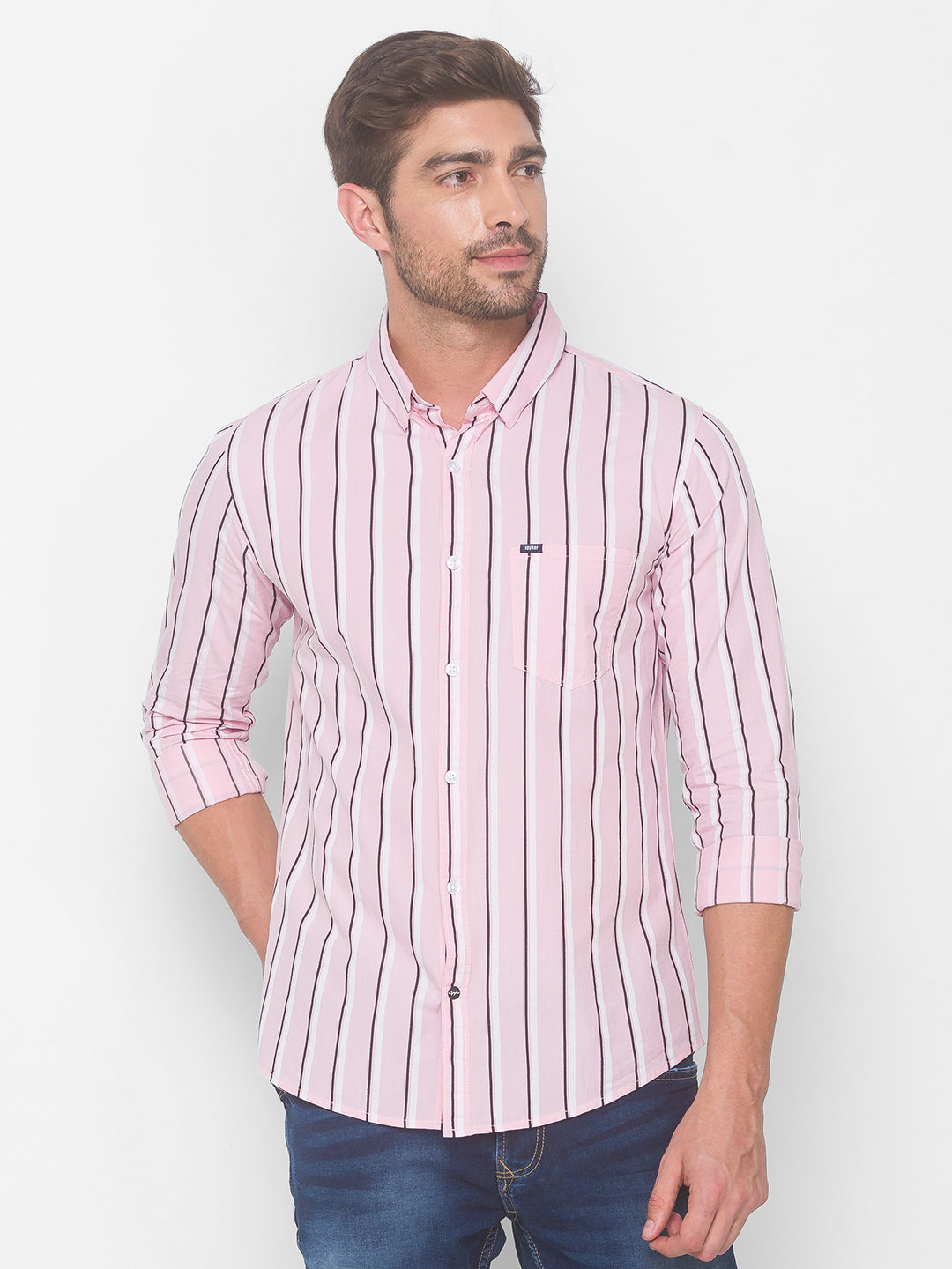 Spykar Men Baby Pink Cotton Slim Fit Shirt