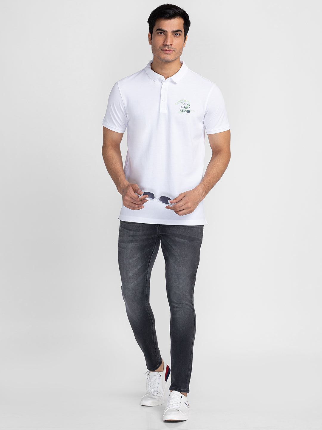 Spykar Men White Cotton Slim Fit Polo Plain T-Shirt