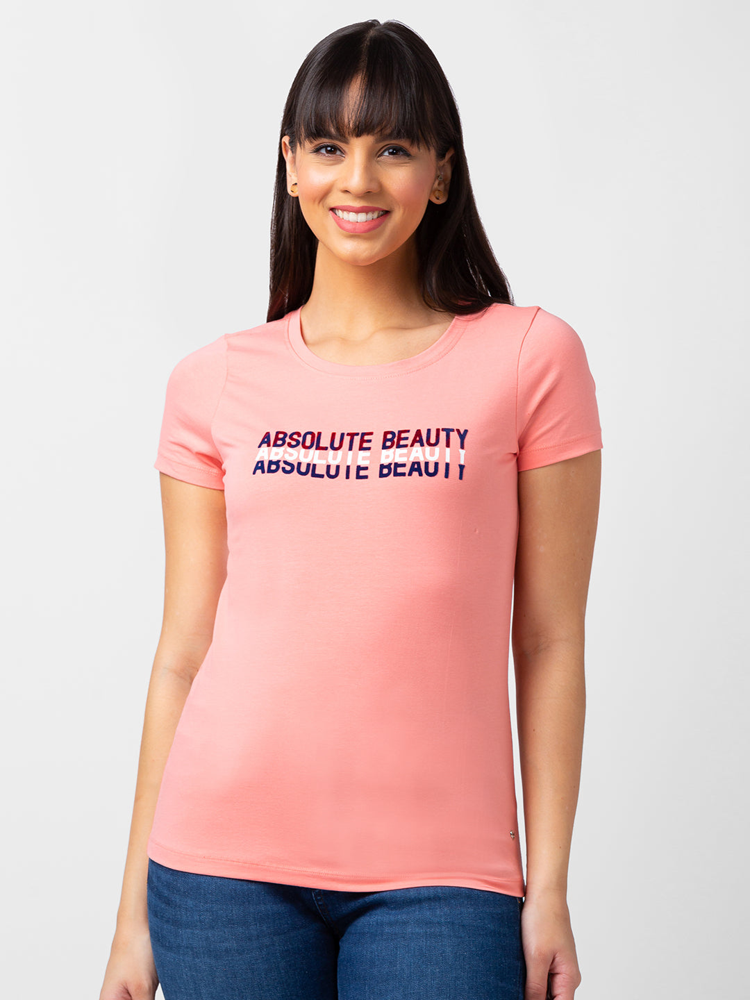 Spykar Women Dusty Peach Blended Regular Fit Half Sleeve Printed T-Shirts