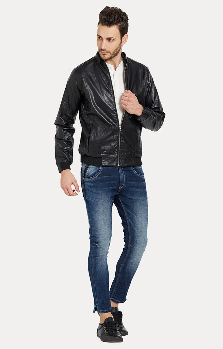 Spykar Men Black Solid Slim Fit Leather Jacket