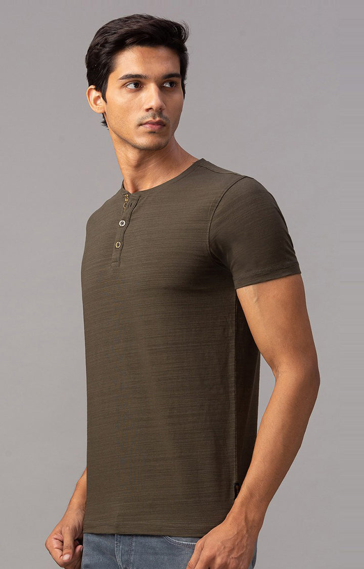 Spykar Men Dark Olive Cotton M and arin Collar Plain T-Shirt