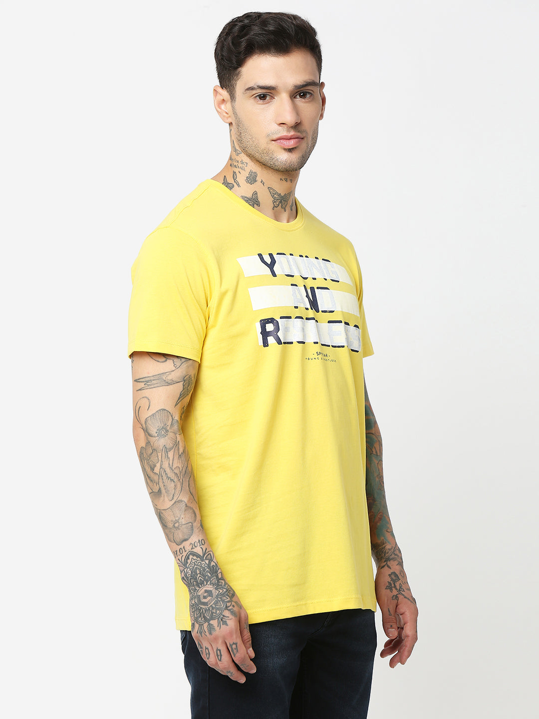 Spykar Men Yellow Cotton Slim Fit Round Neck Printed T-Shirt