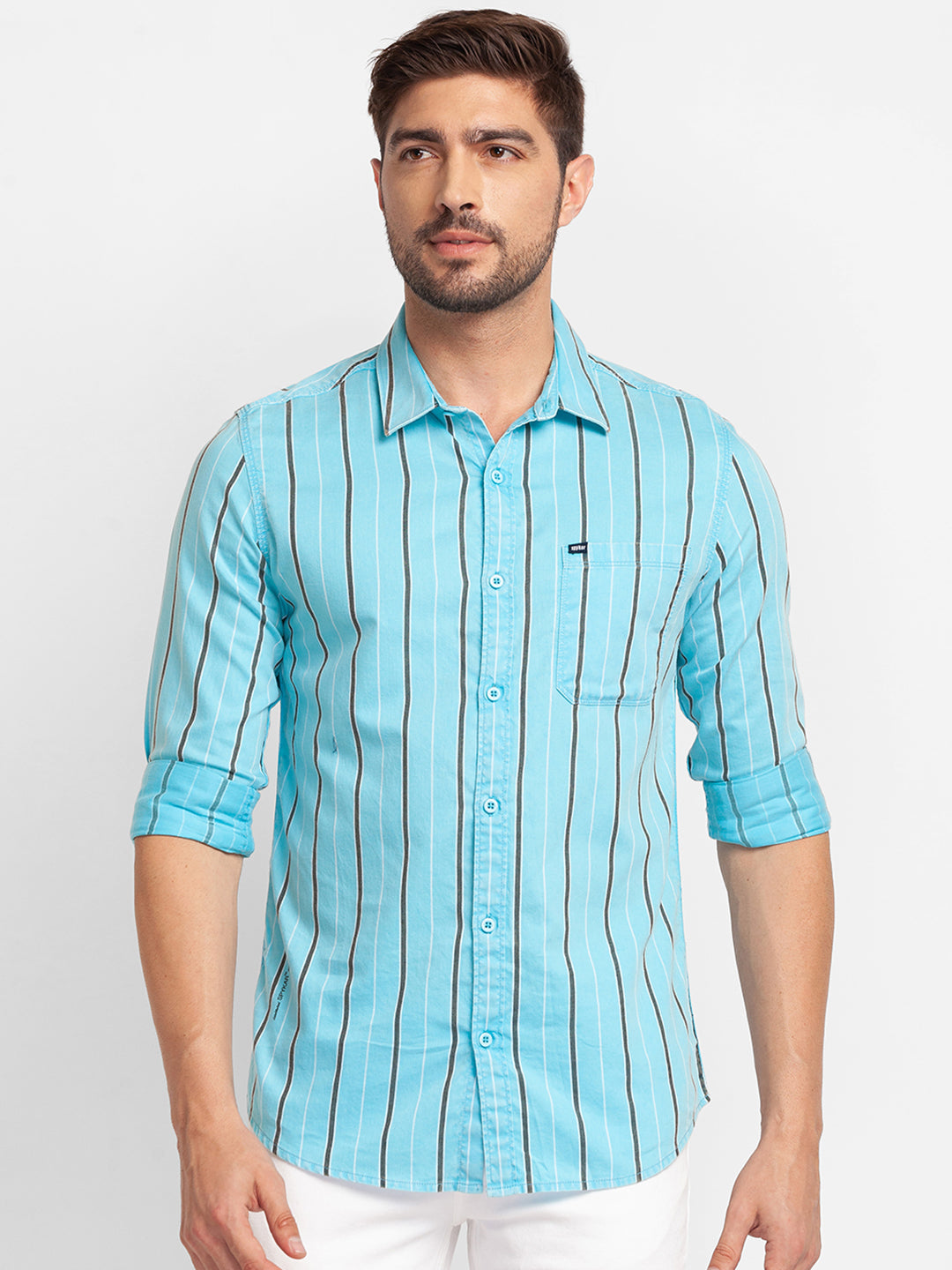 Spykar Aqua Blue Cotton Full Sleeve Stripes Shirt For Men