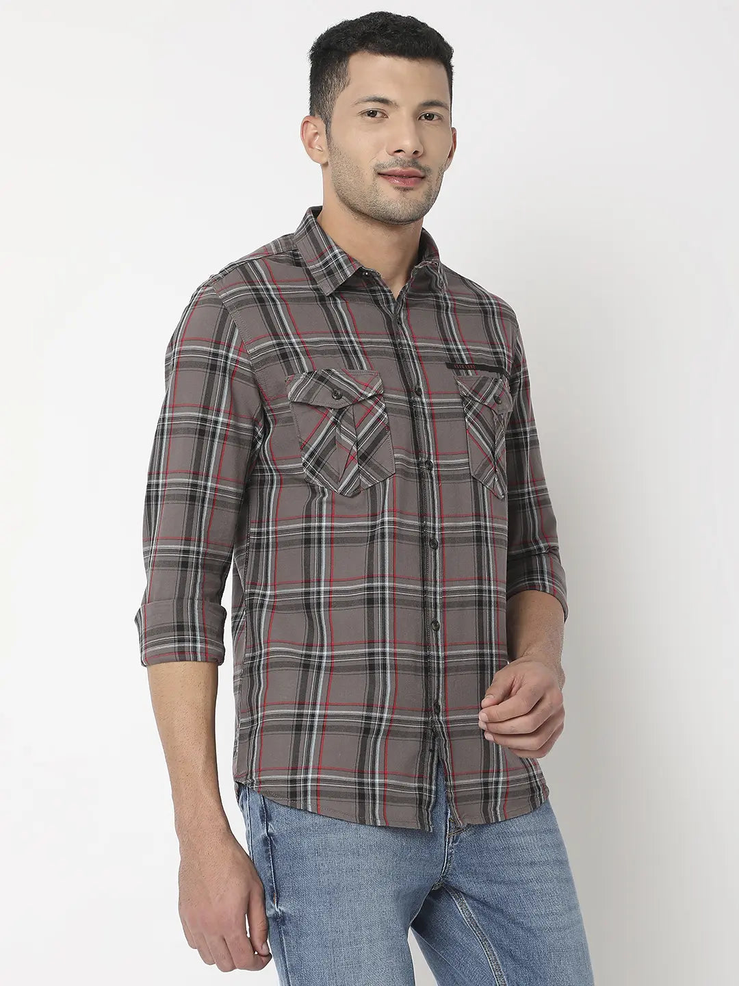 Spykar Men Coffee Brown Cotton Slim Fit Checkered Shirt