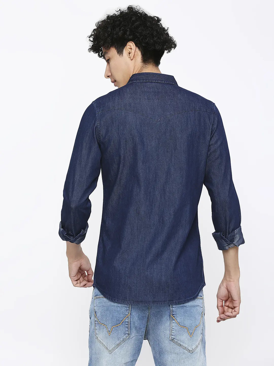 Spykar Men Mid Blue Cotton Slim Fit Denim Shirt