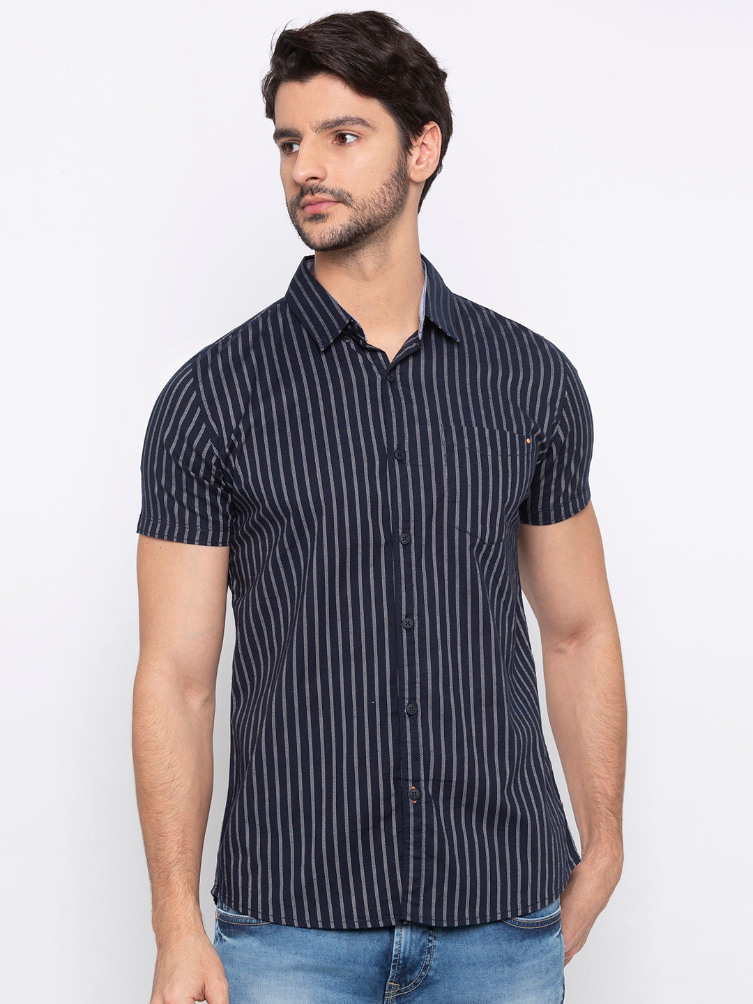 Spykar Men Navy Striped Slim Fit Casual Shirt