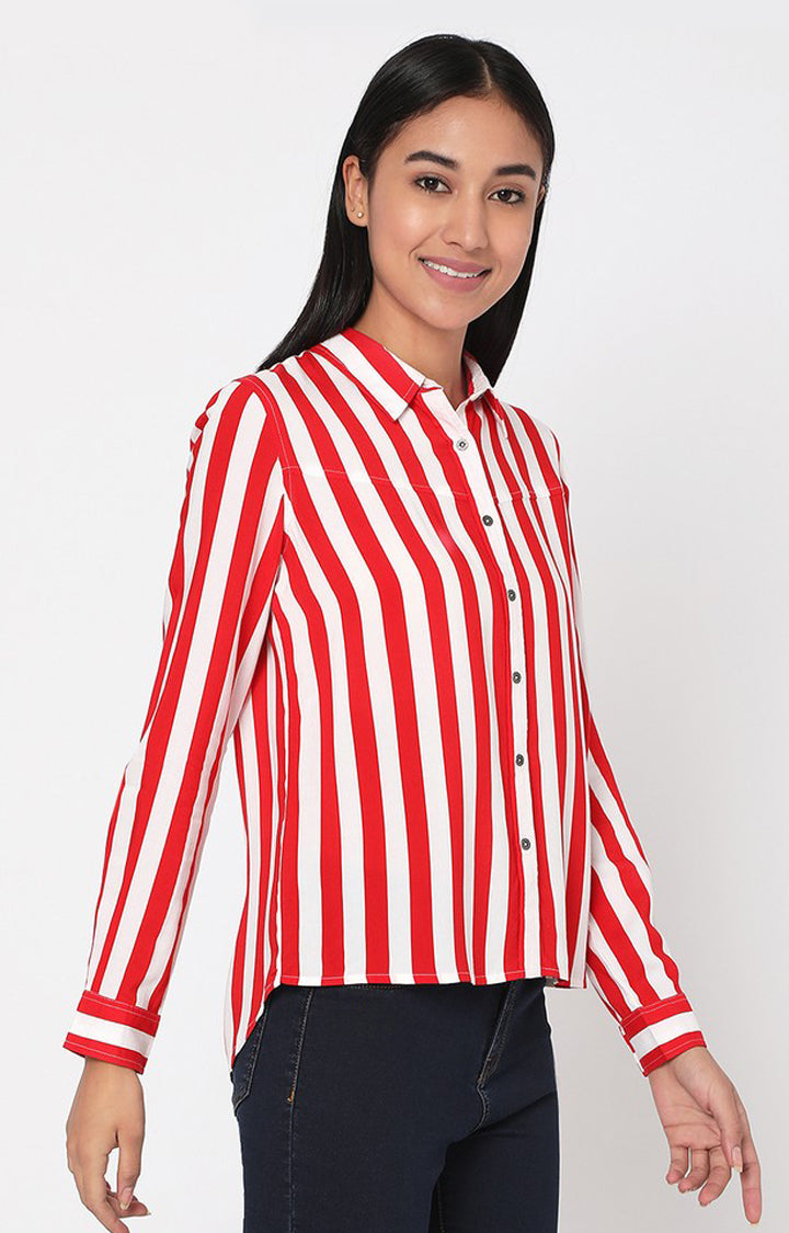 Spykar Red Viscose Striped Full Sleeve Shirts