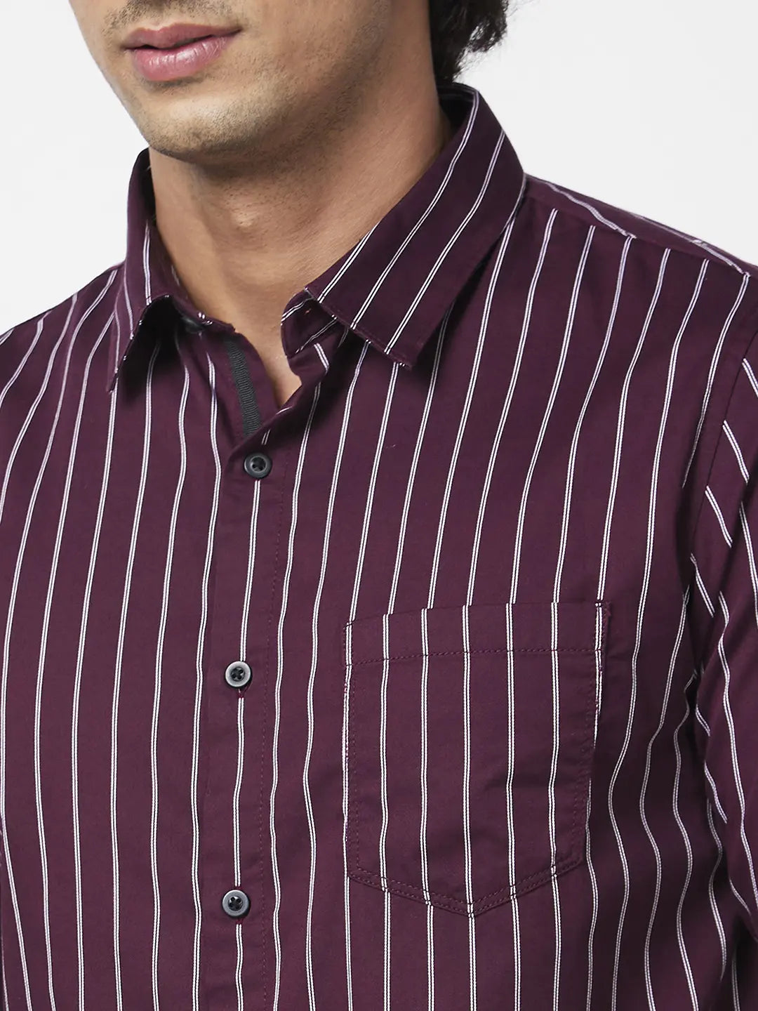 Spykar Men Wine Red Cotton Regular Slim Fit Full Sleeve Casual Striped Shirt