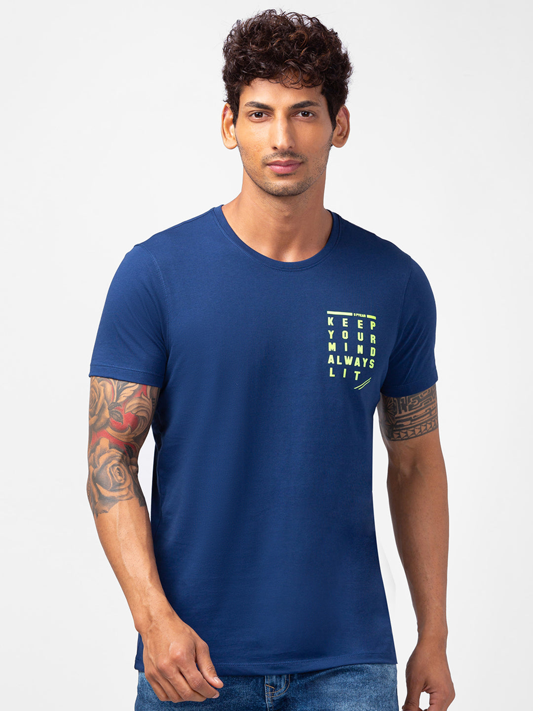 Spykar Men Indigo Blue Cotton Slim Fit Round Neck Plain T-Shirt