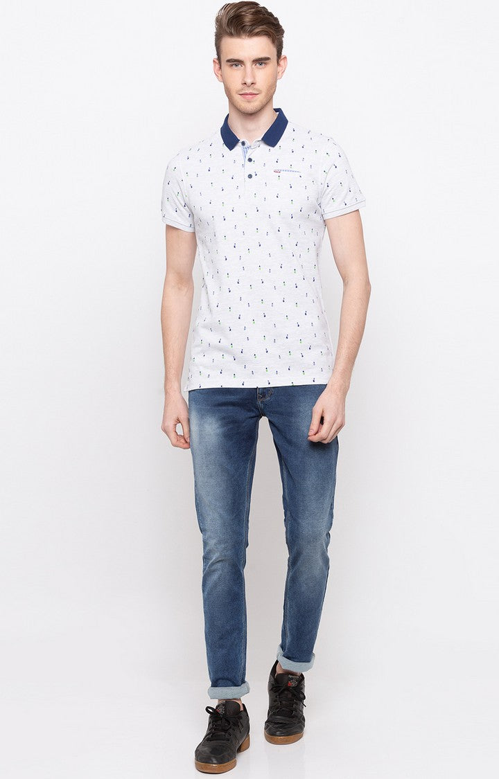 Spykar White Printed Slim Fit Polo T-Shirt