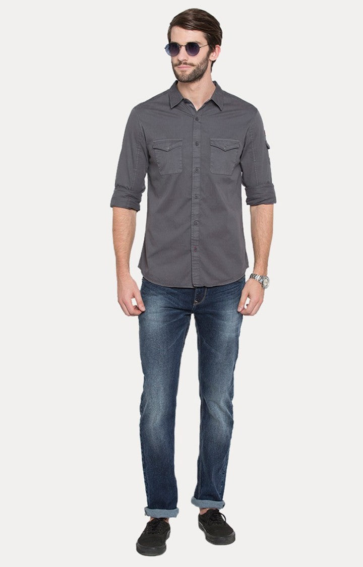 Spykar Men'S Grey Cotton Solid Casual Shirts