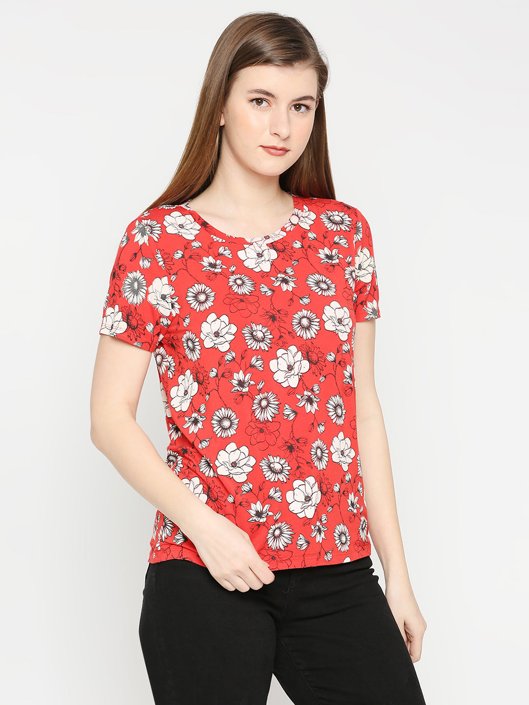 Spykar Women Red Blended Regular Fit Floral Print T-Shirts