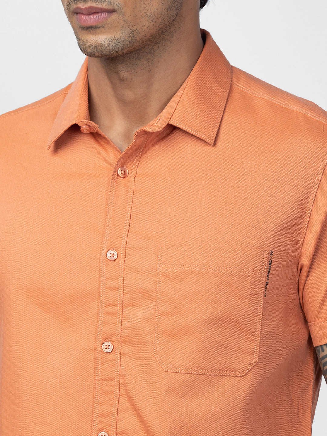 Spykar Men Sunset Orange Cotton Slim Fit Plain Shirt