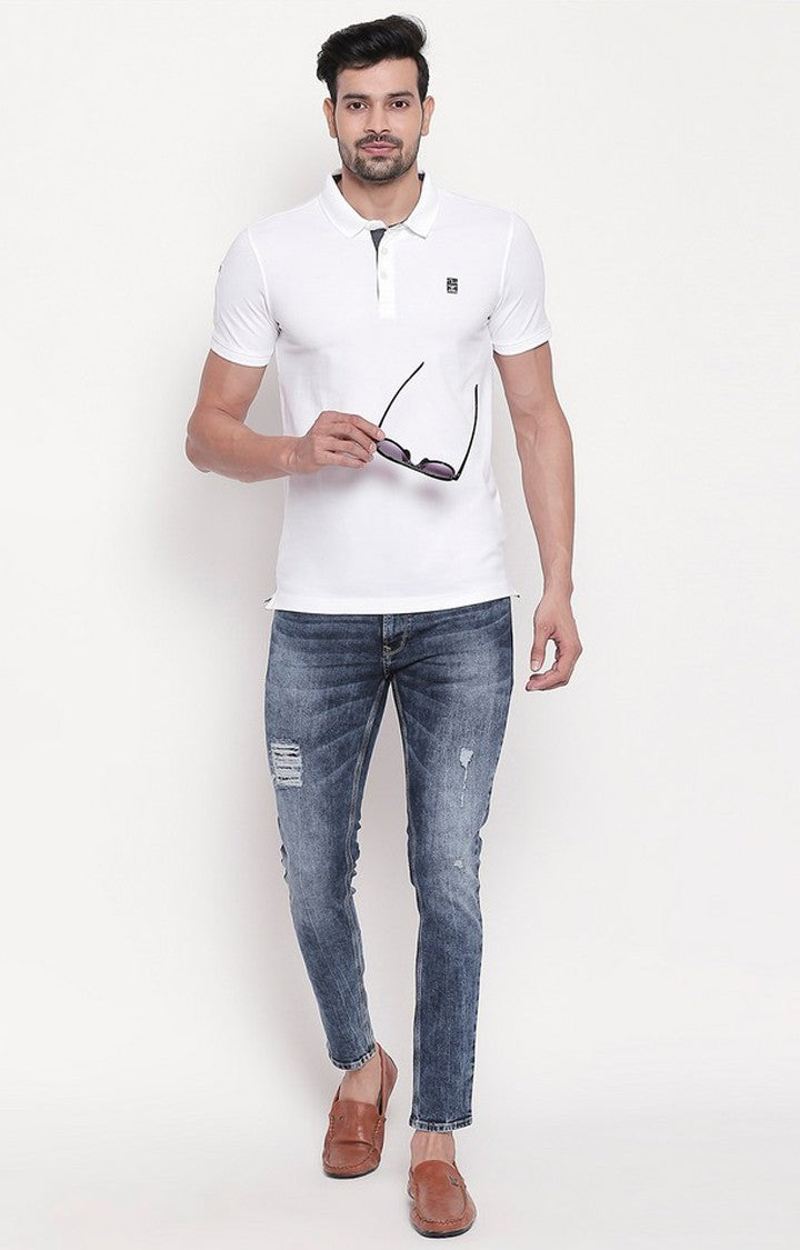 Spykar White Solid Polo Tshirt For Men