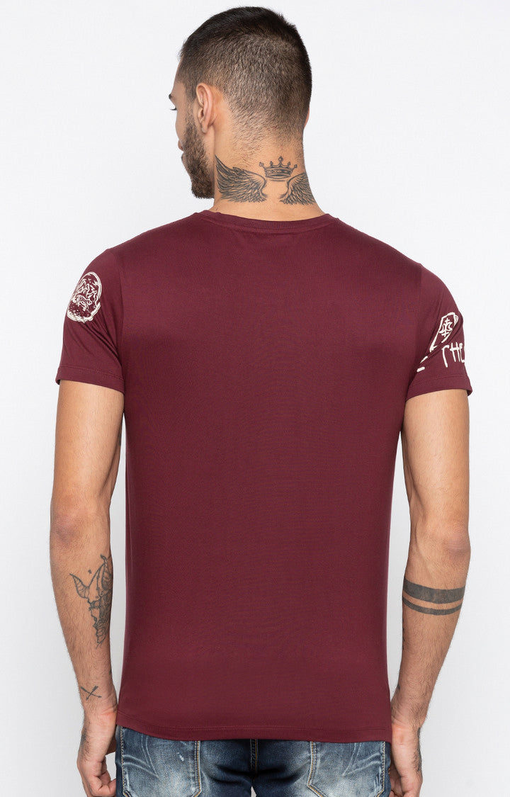 Spykar Wine Printed Slim Fit Men T-Shirts