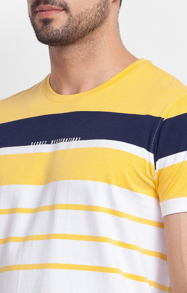 Spykar Sulphur Yellow Cotton Half Sleeve Stripes Casual T-shirt For Men