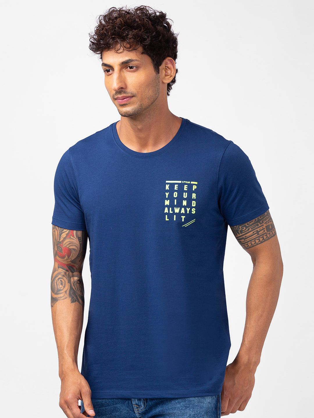 Spykar Men Indigo Blue Cotton Slim Fit Round Neck Plain T-Shirt