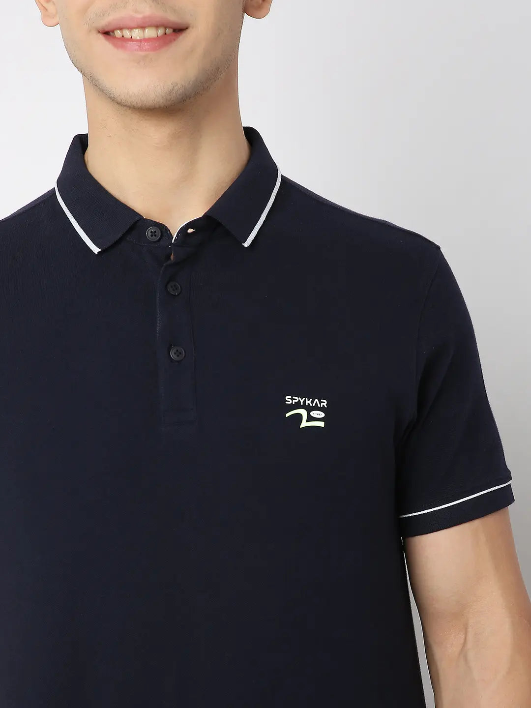 Spykar Men Navy Blue Cotton Regular Fit Plain Polo Tshirt