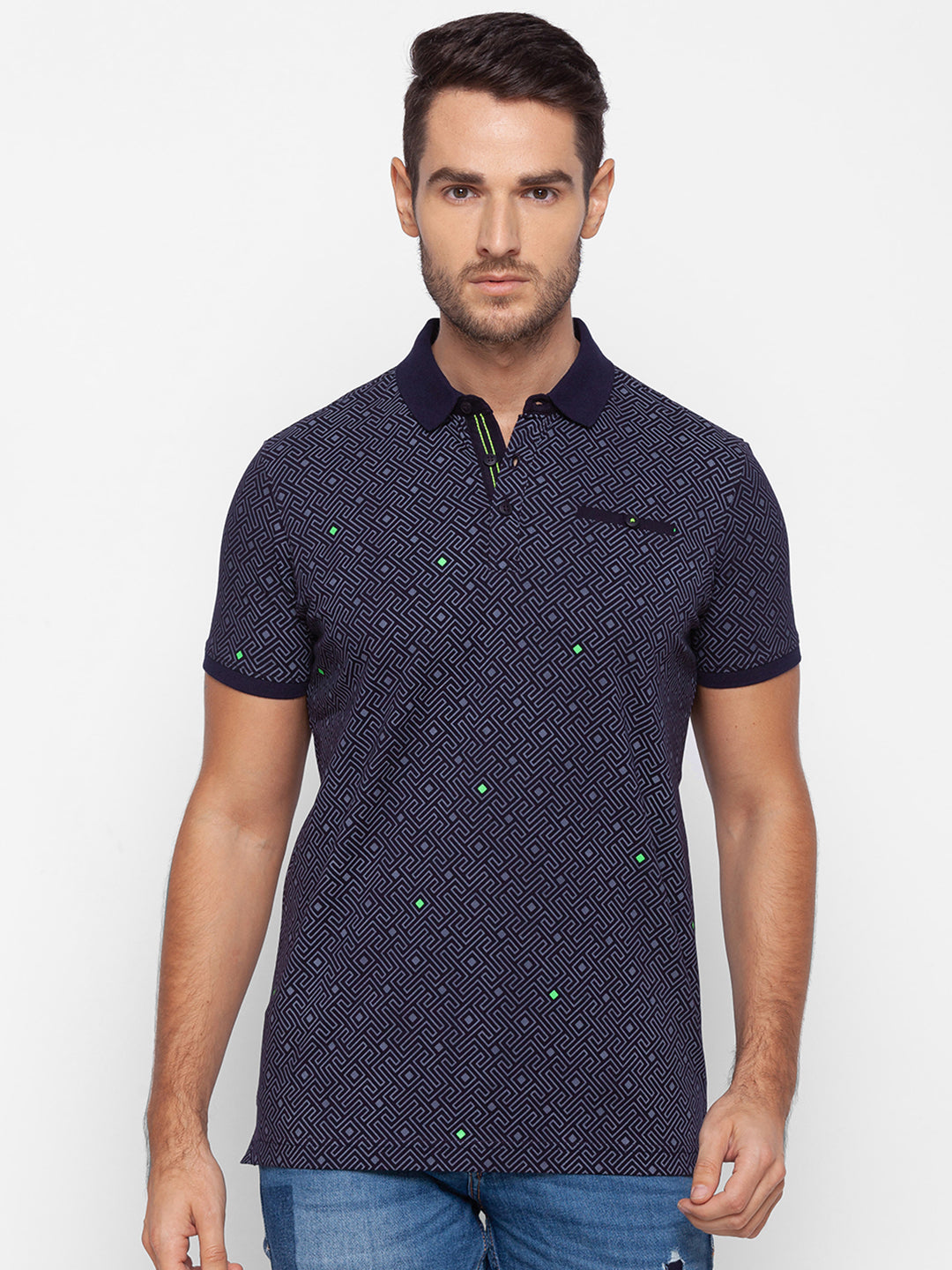 Spykar Men Blue Cotton Slim Fit Polo T-Shirt