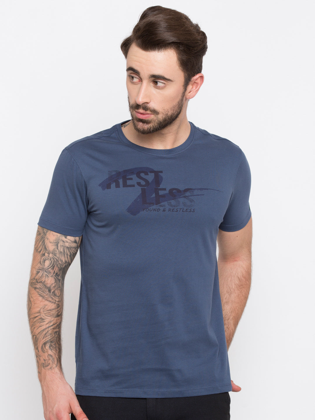 Spykar Men Blue Cotton Slim Fit Round Neck T-Shirt