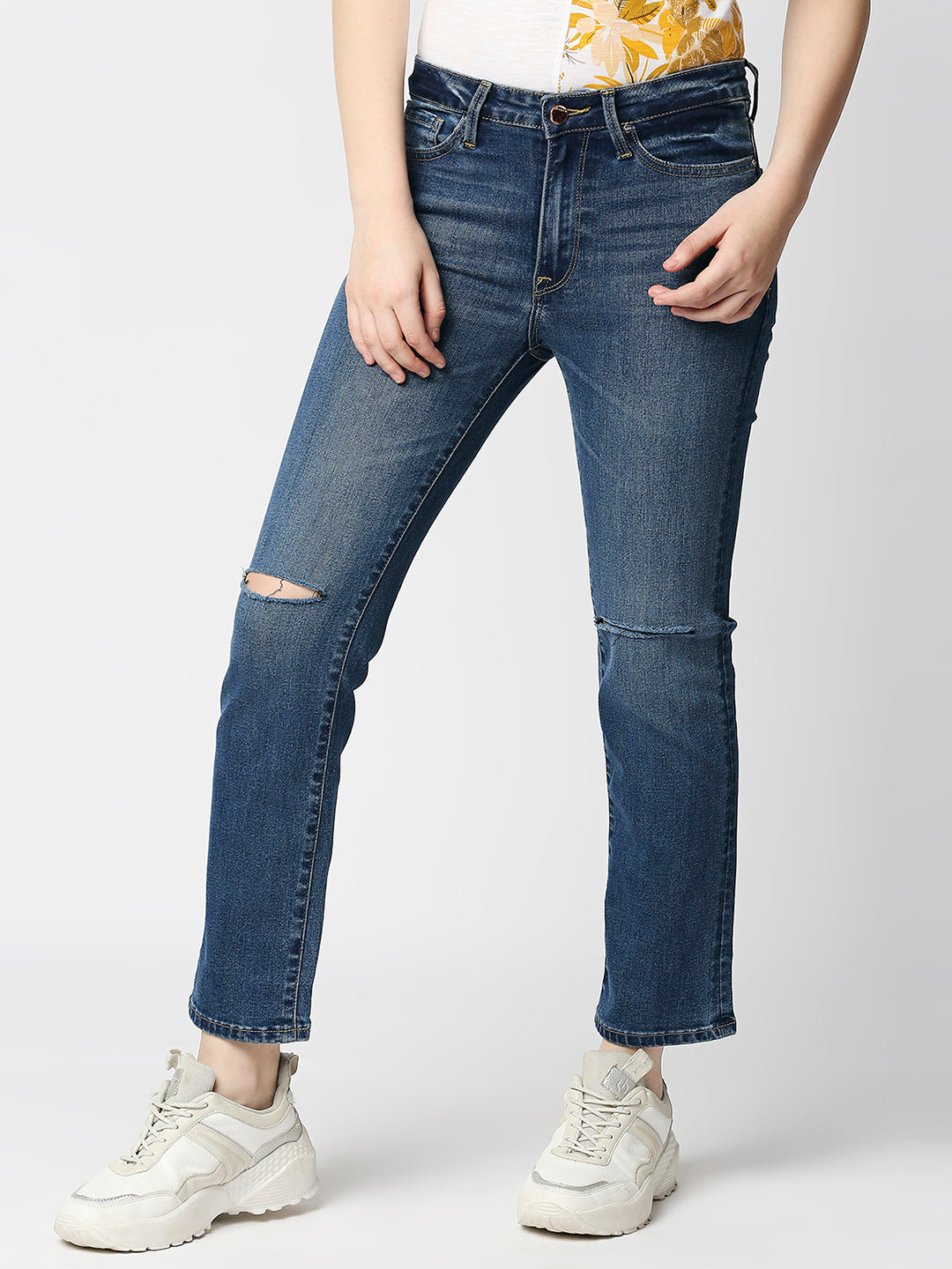 Spykar Women Blue Cotton Slim Straight Fit Ankle Length Jeans (Emelda)