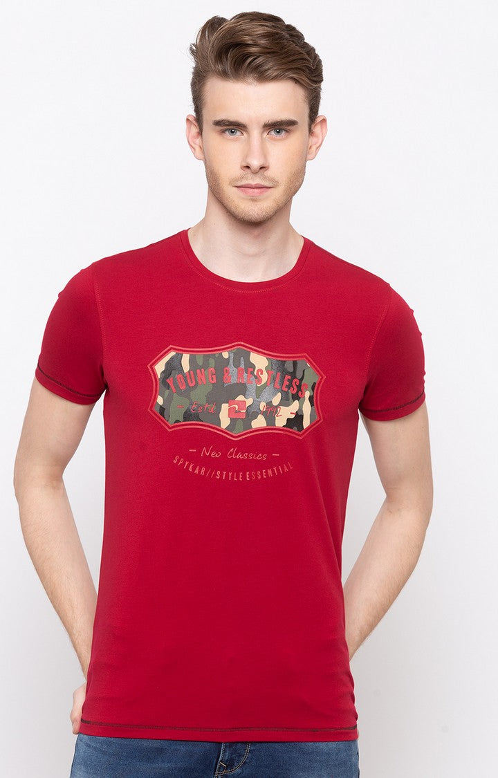 Spykar Red Printed Slim Fit Men T-Shirts