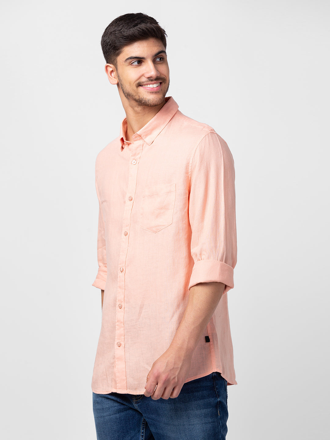 Spykar Men Peach Cotton Slim Fit Plain Shirt