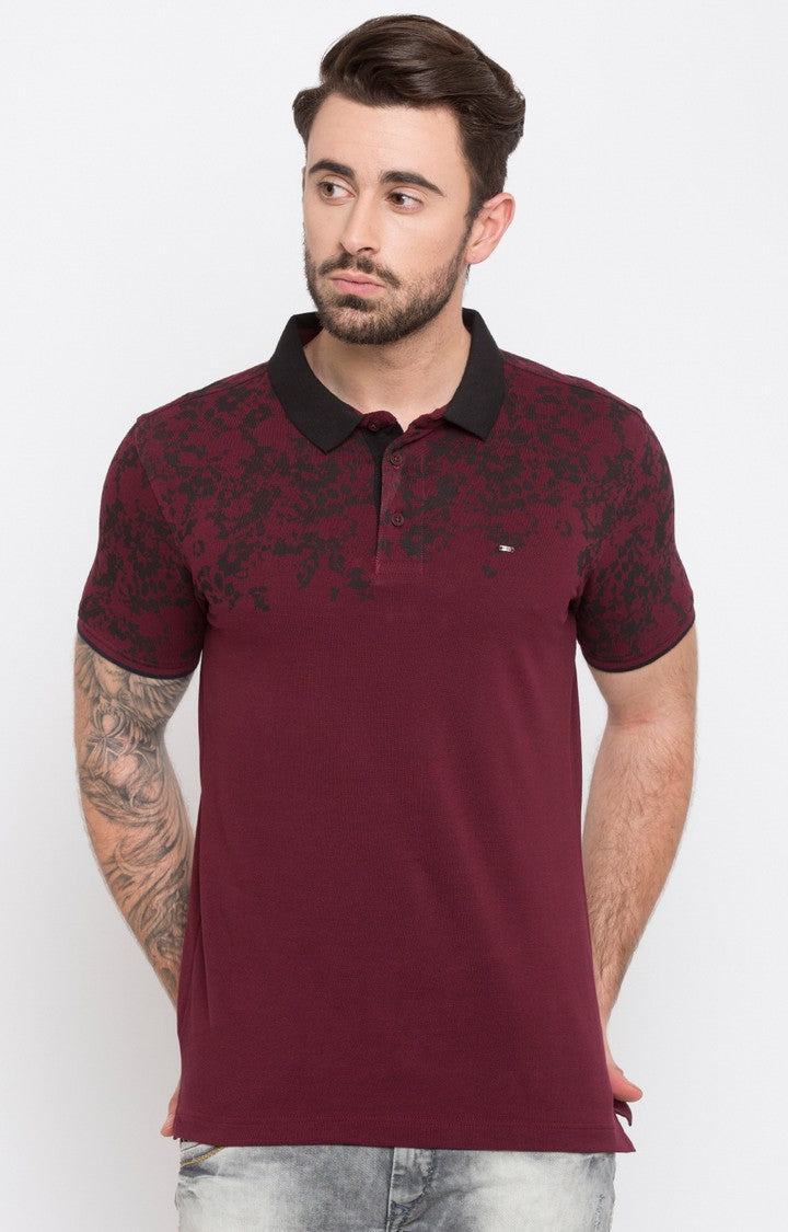 Spykar Wine Printed Slim Fit Polo T-Shirt