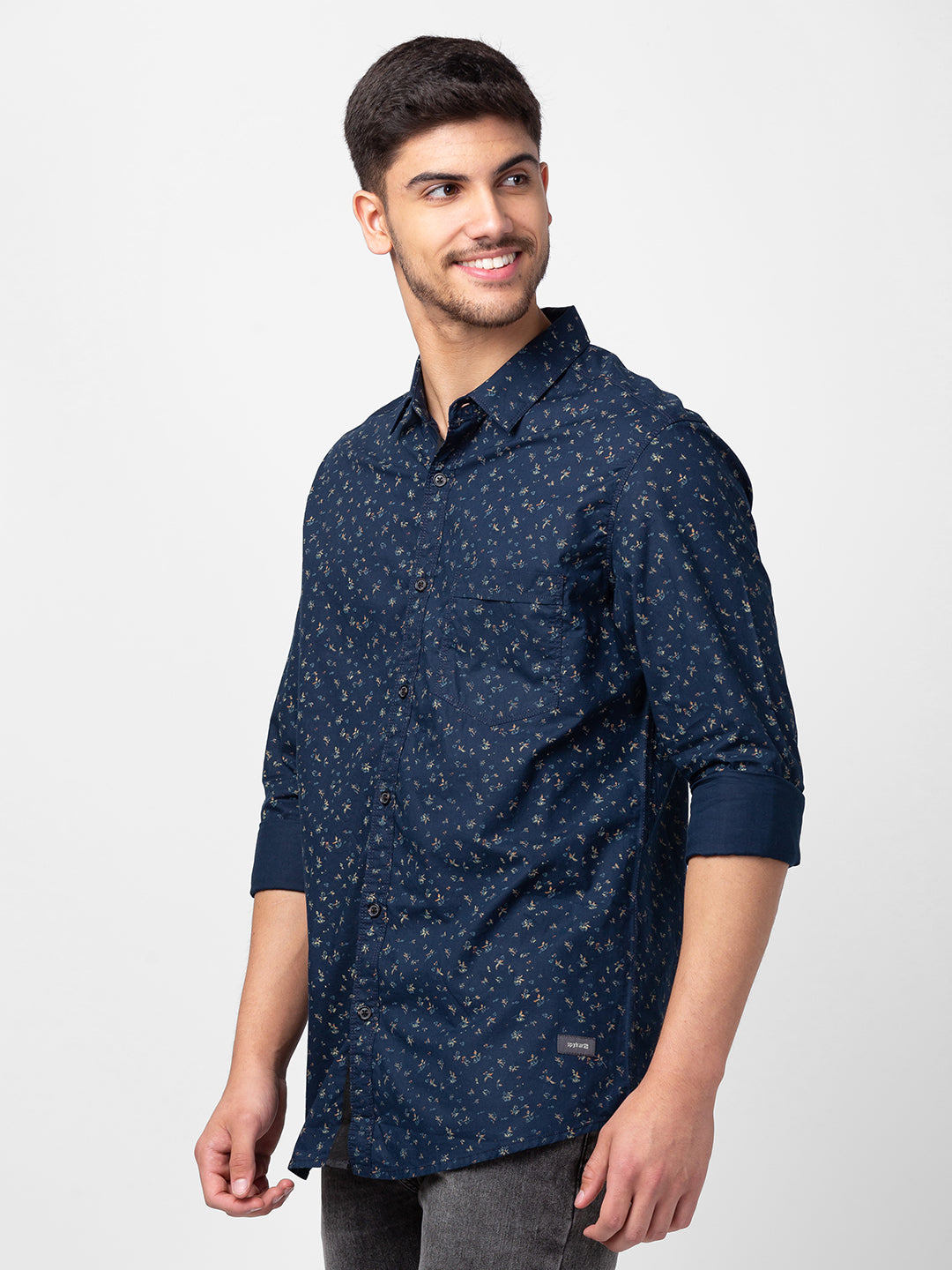 Spykar Men Navy Blue Cotton Slim Fit Printed Shirt