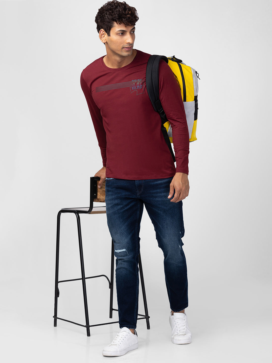 Spykar Men Wine Cotton Regular Fit Full Sleeve Printed T-Shirt