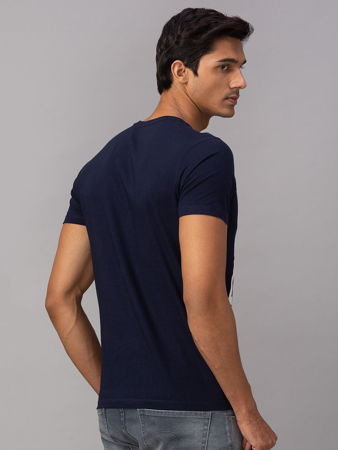 Spykar Men Blue Cotton Slim Fit Round Neck T-Shirt