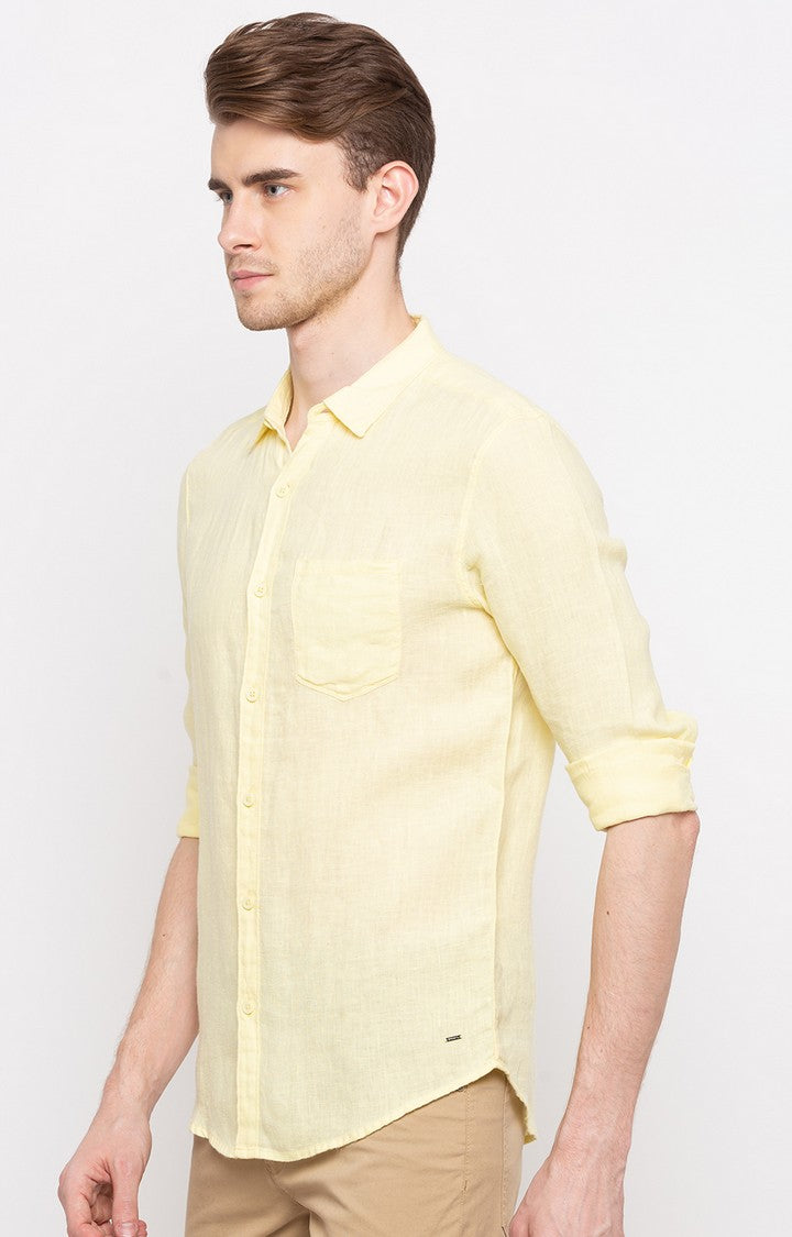 Spykar Men'S Yellow Cotton Solid Casual Shirts