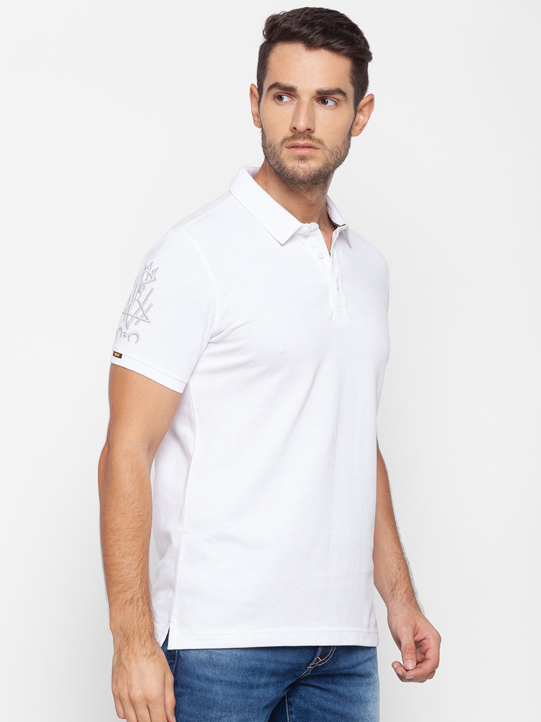 Spykar Men White Cotton Slim Fit Polo T-Shirt