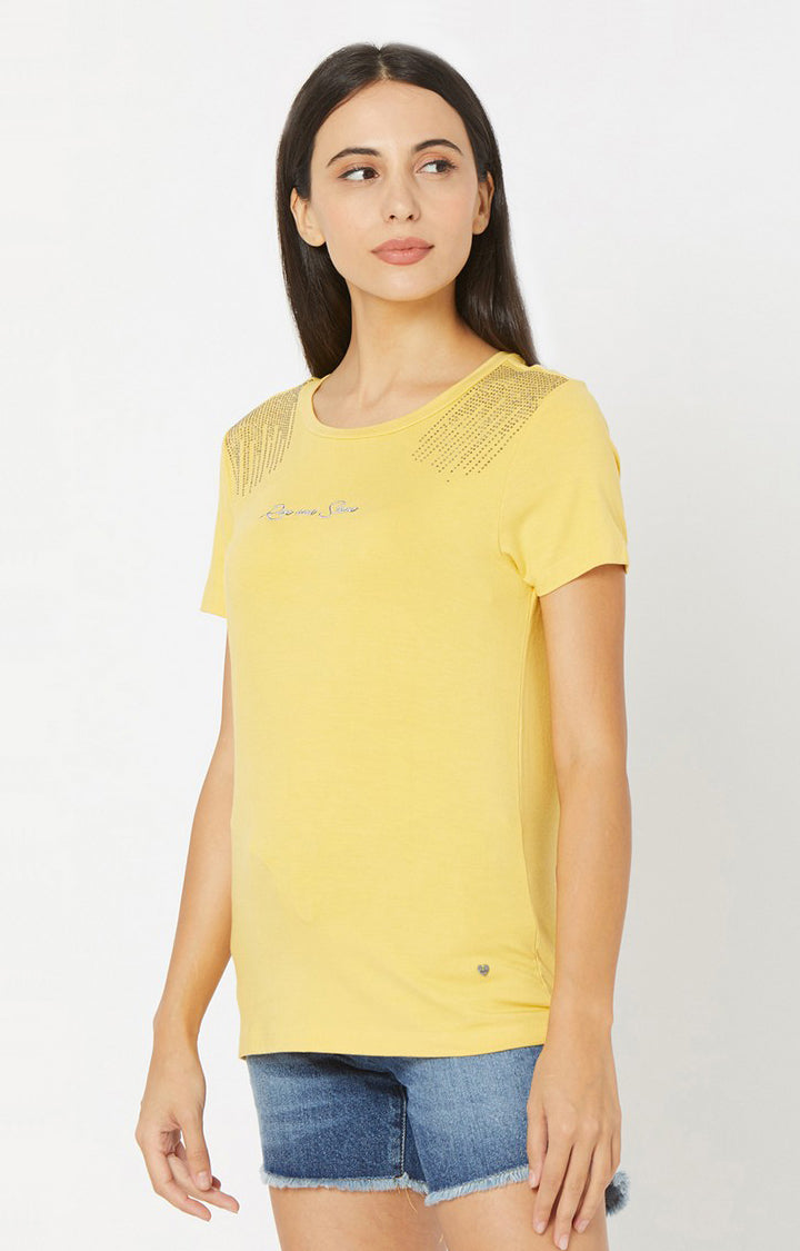 Spykar Women Yellow Cotton Regular Round Neck T-Shirts