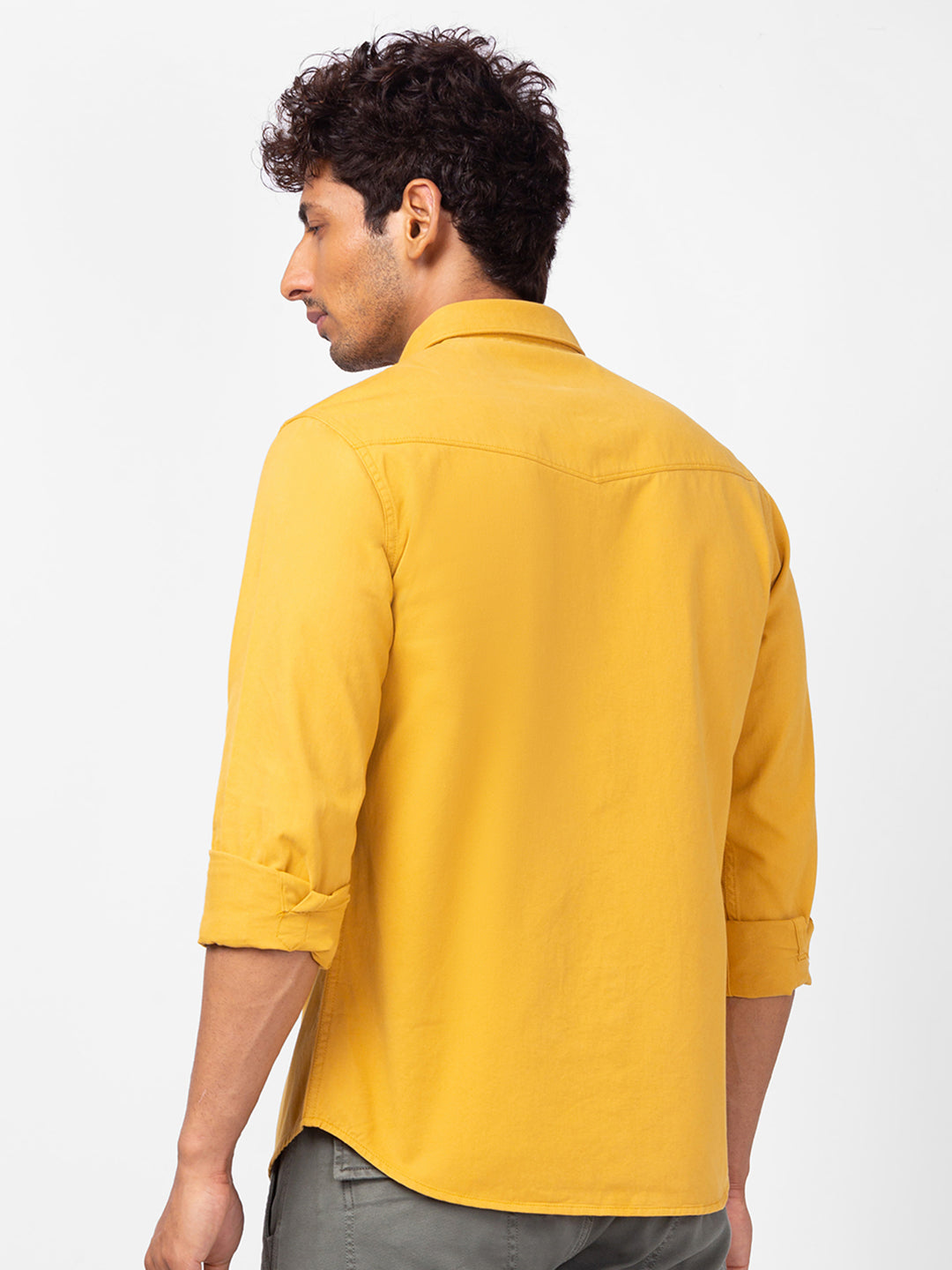 Spykar Men Mustard Yellow Cotton Slim Fit Plain Shirts