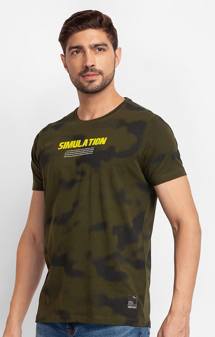 Spykar Rifle Green Cotton Half Sleeve Printed Casual T-Shirt For Men