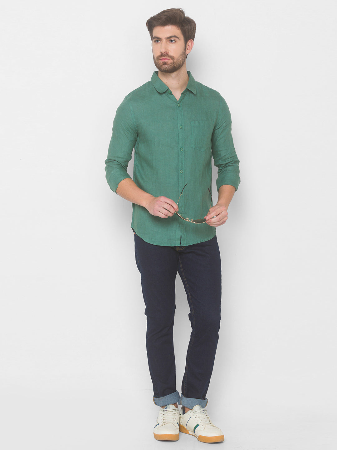 Spykar Men Sage Green Cotton Shirts (Slim)