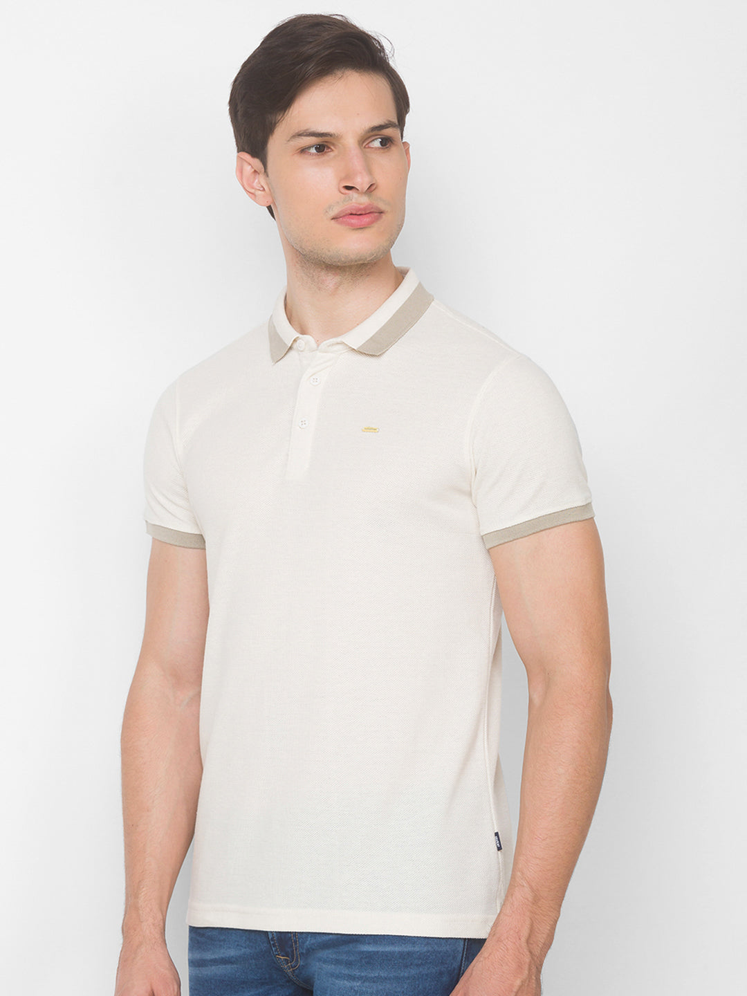 Spykar Men Beige Cotton Slim Fit Polo T-Shirt