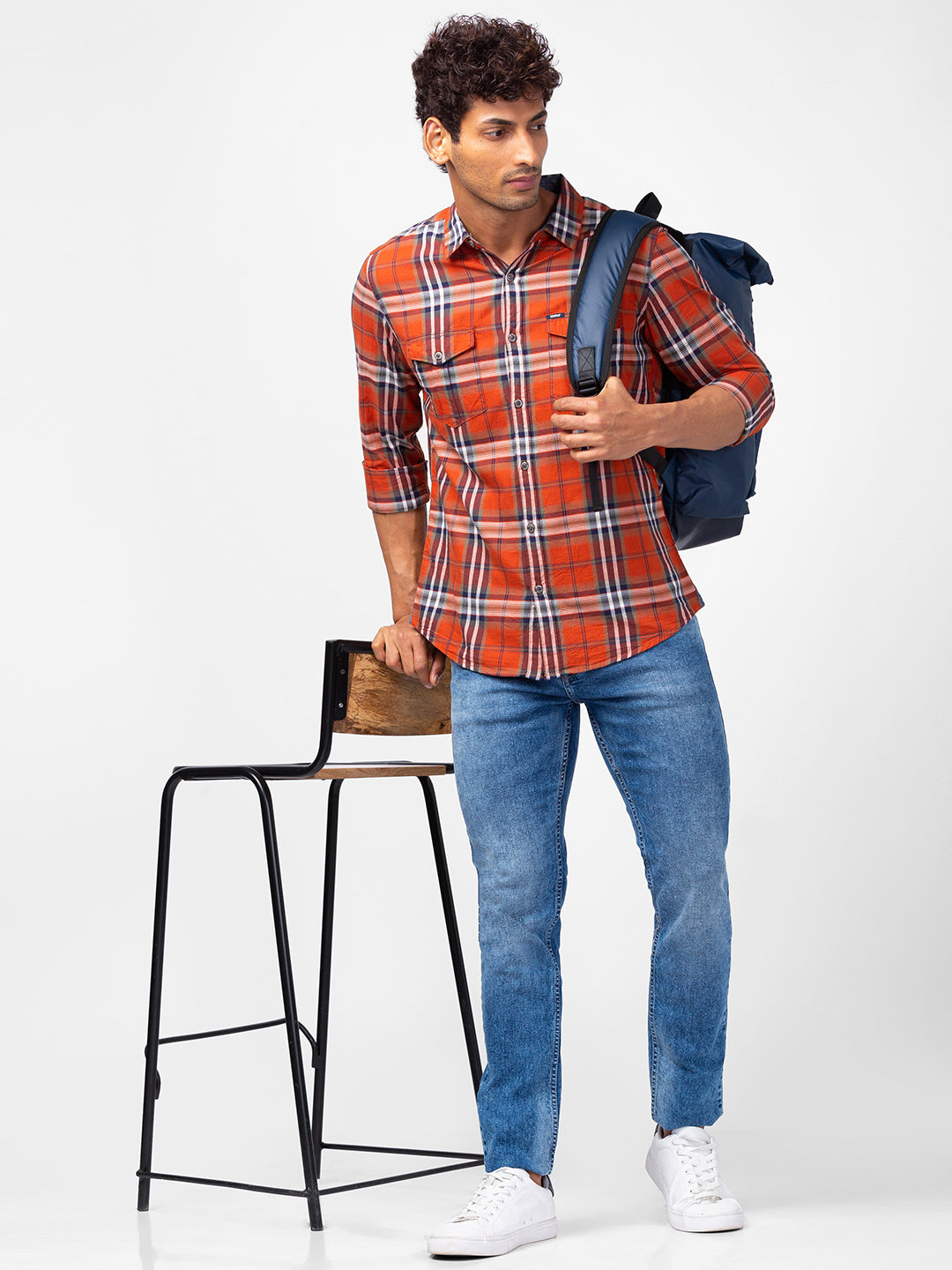 Spykar Men Rust Cotton Regular Fit Checkered Shirts