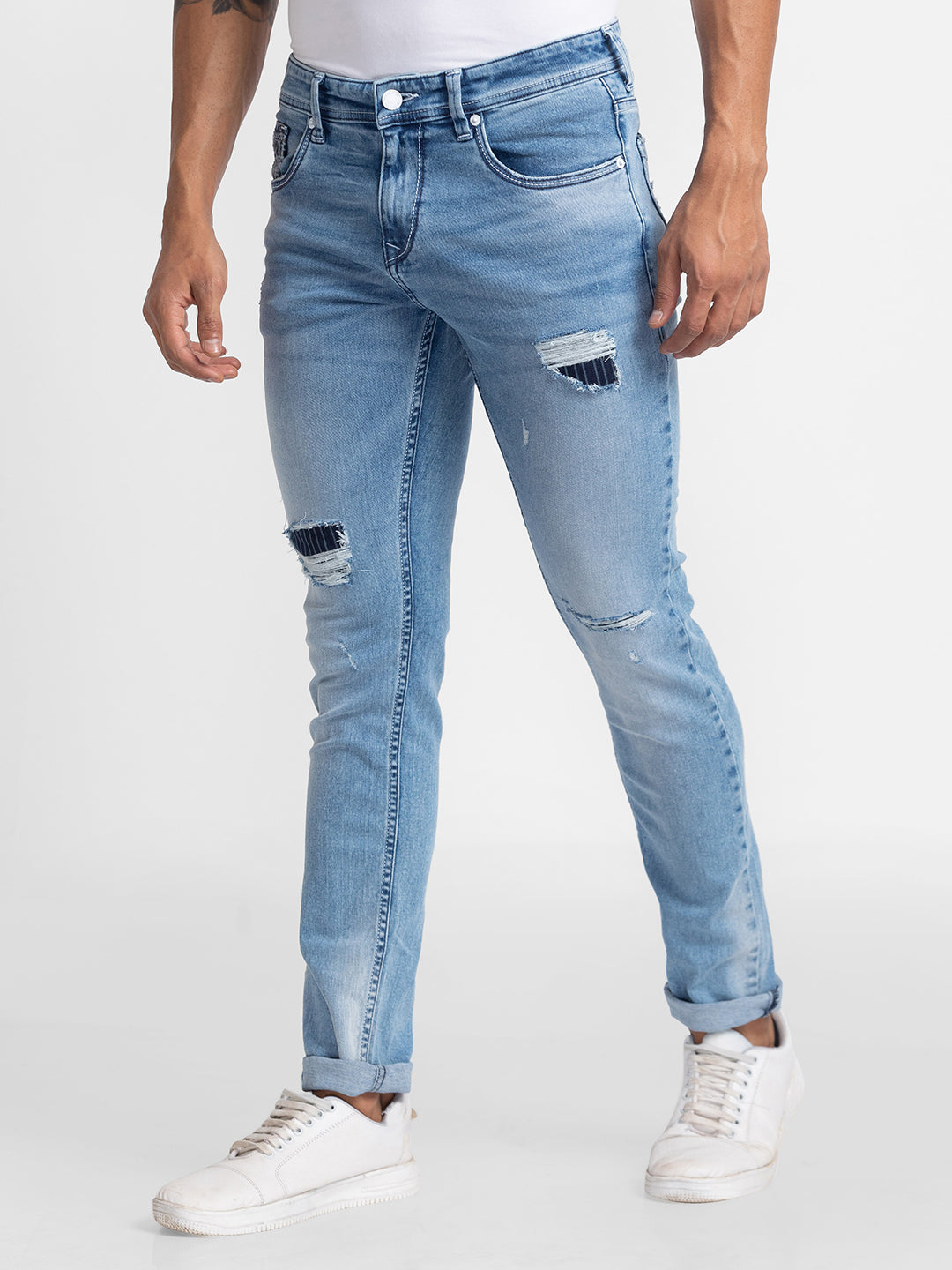 Spykar Ice Blue Cotton Slim Fit Narrow Length Jeans For Men (Skinny)