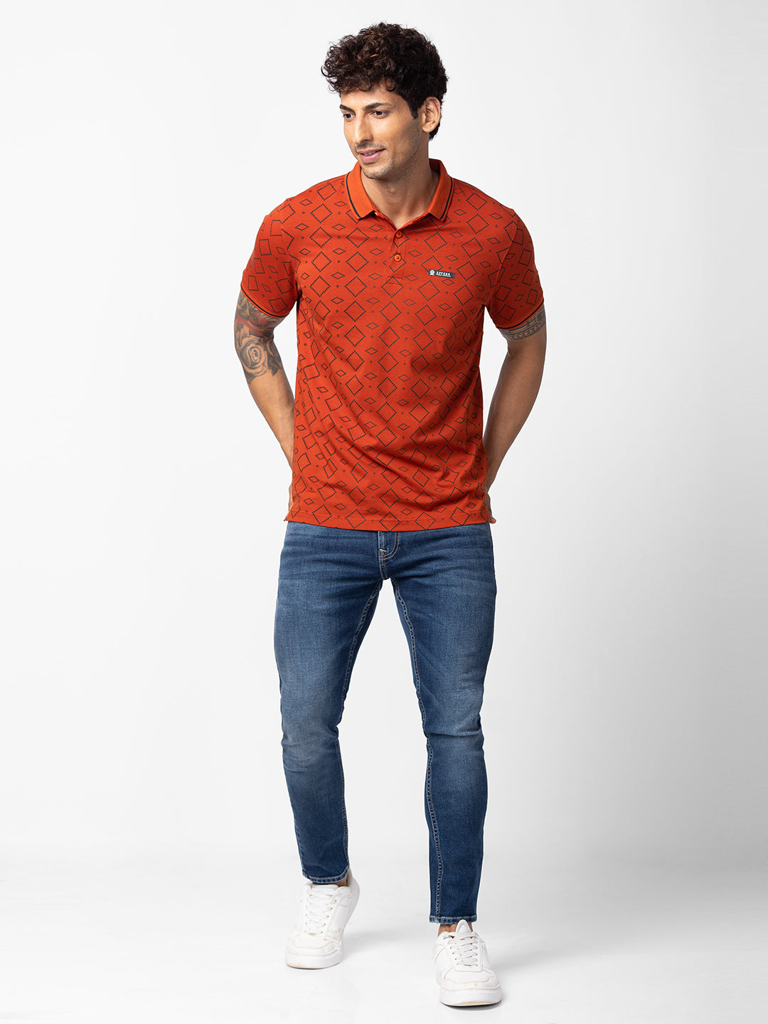 Spykar Men Burnt Orange Cotton Regular Fit Half Sleeve Printed Polo T-Shirt