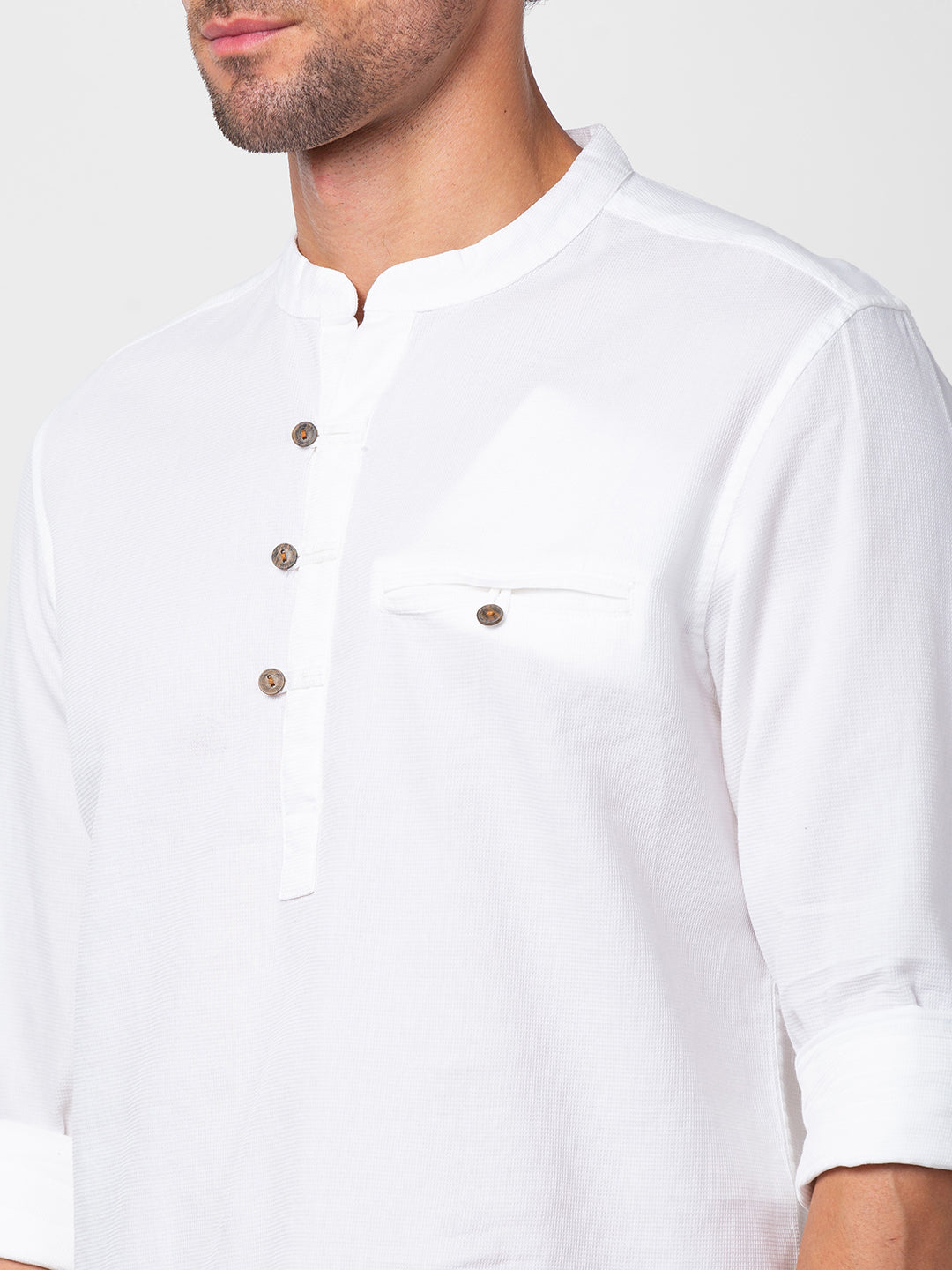 Spykar Men White Cotton Slim Fit M and arin Collar Plain Kurta