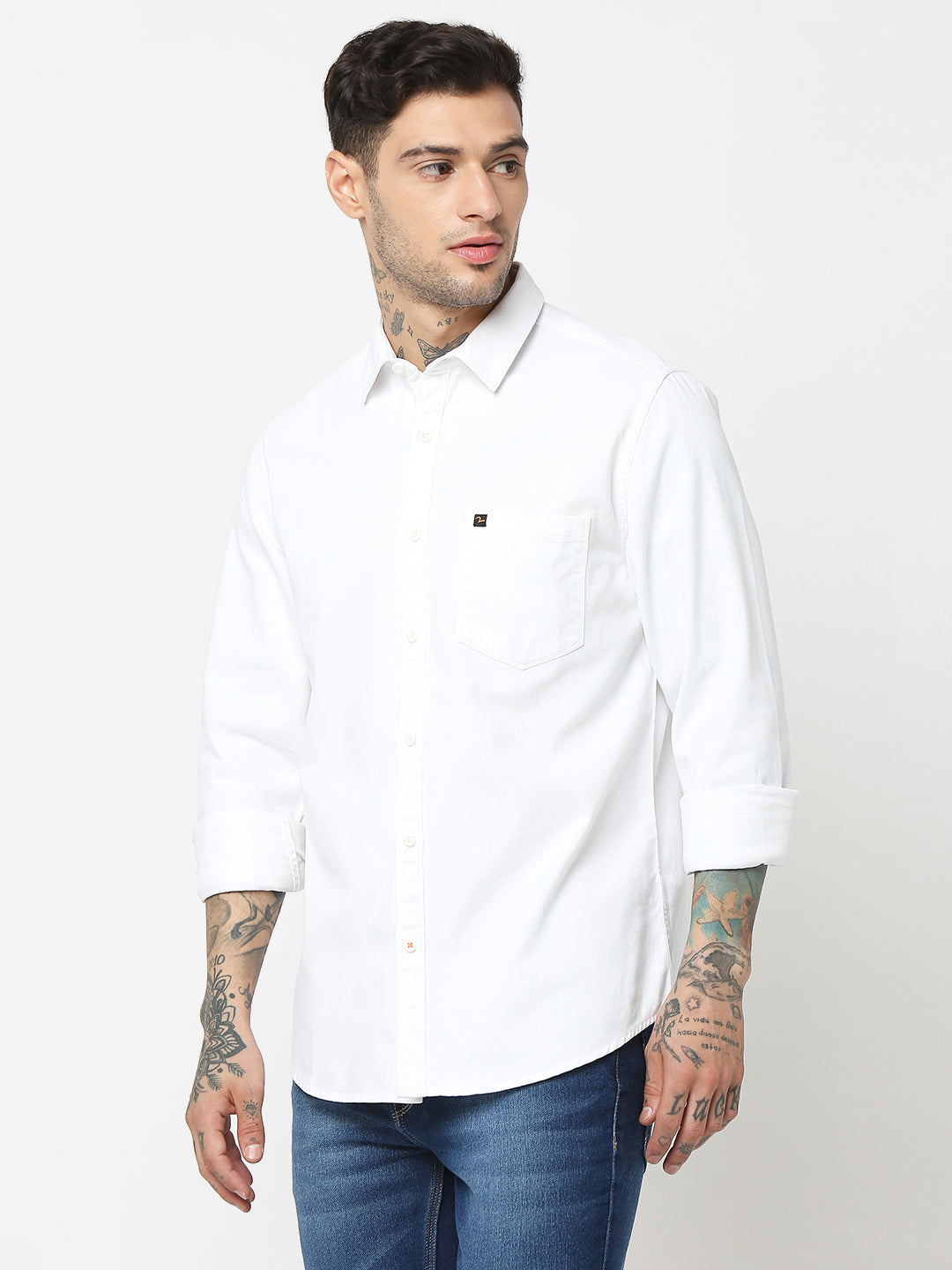 Spykar Men White Cotton Slim Fit Plain Shirts