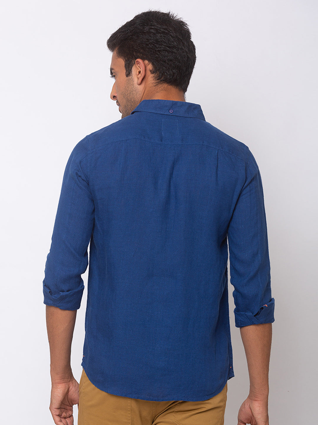 Spykar Men Navy Blue Linen Slim Fit Shirt